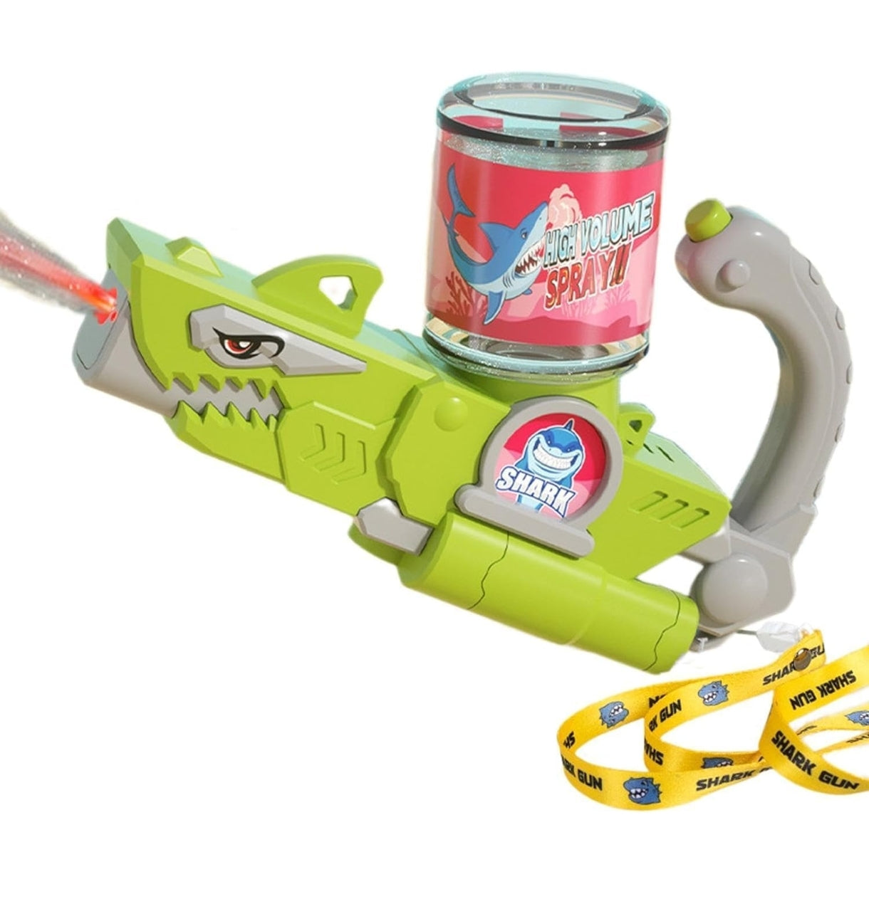 Green spray gun with a tank, featuring a shark design for kids, perfect for water play with snake toy water