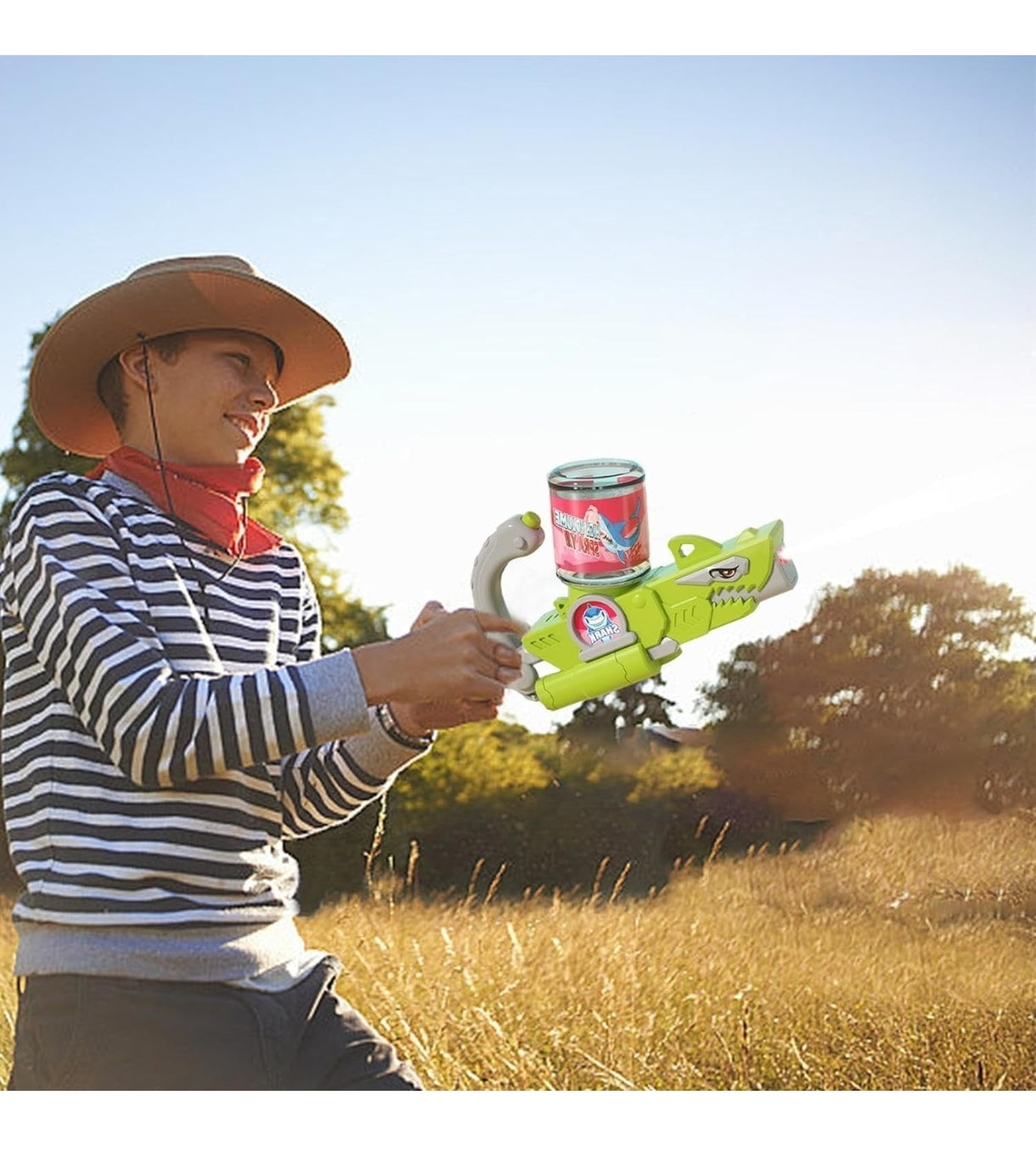 Colorful T-Rex spray gun aimed at water play, perfect for kids who love snake toy water fun.