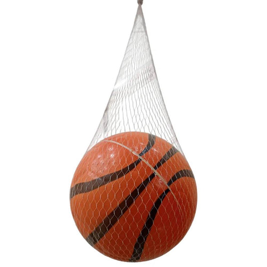 Orange soft football ball for kids with black stripes in white net bag