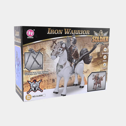 Iron Warrior action figure with horse and three weapons for kids aged 3 years and up featuring sound and light theatre