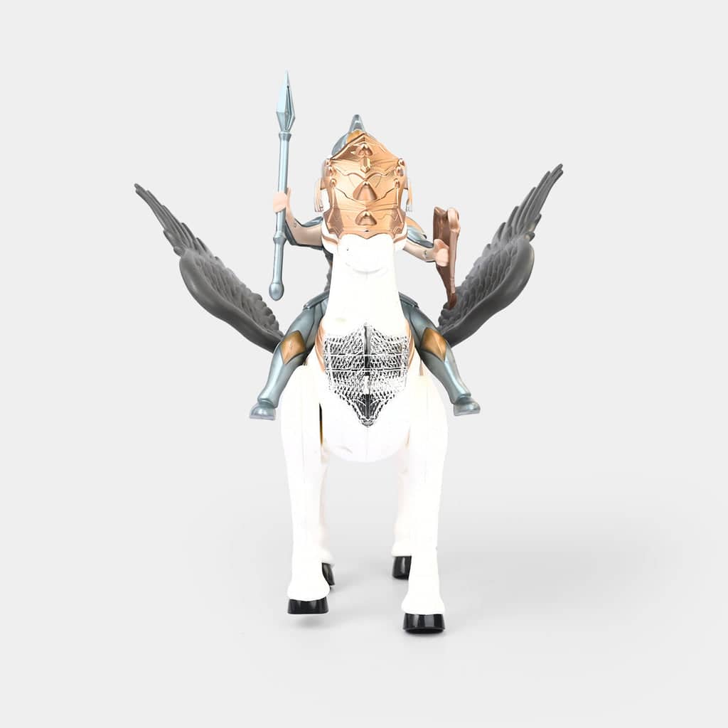 White toy horse with a rider holding a spear, ideal for 4-8 years, sound and light theatre feature