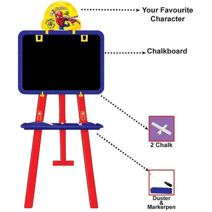 T-Rex Magnetic Easel Board with Spider-Man design for kids featuring a chalkboard and includes chalk for learning