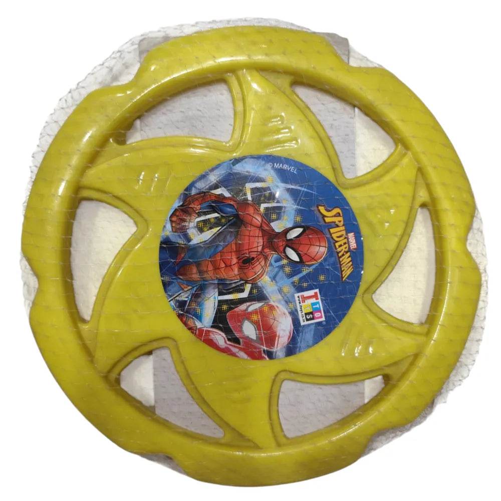 Yellow Spiderman flying disc for frisbee golf course for kids aged 5 and up