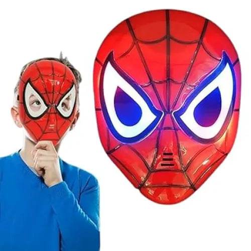 Spiderman LED mask for kids featuring red and black web design with glowing eyes, worn by child in blue shirt