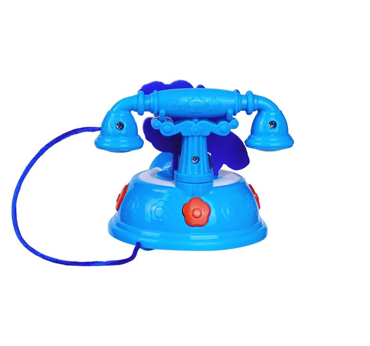 Blue pull-along phone for kids with vintage design for interactive playtime