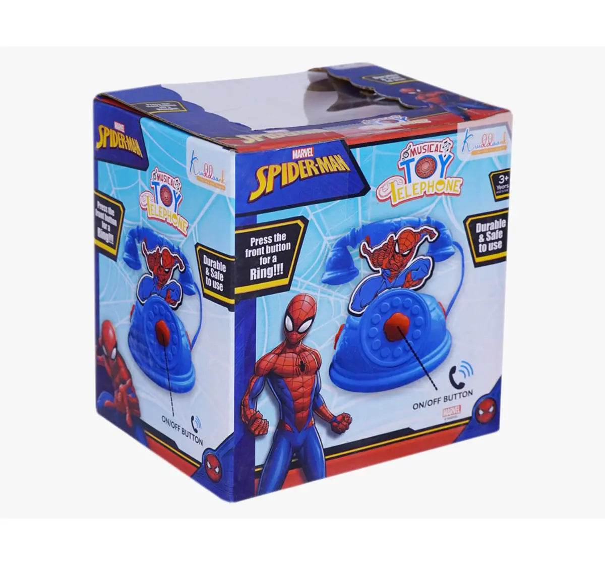 Blue Spider-Man toy telephone for kids aged 3 and up with interactive buttons and sounds