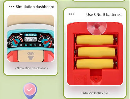 Red steering wheel toy with simulation dashboard for toddlers aged 2-4 years