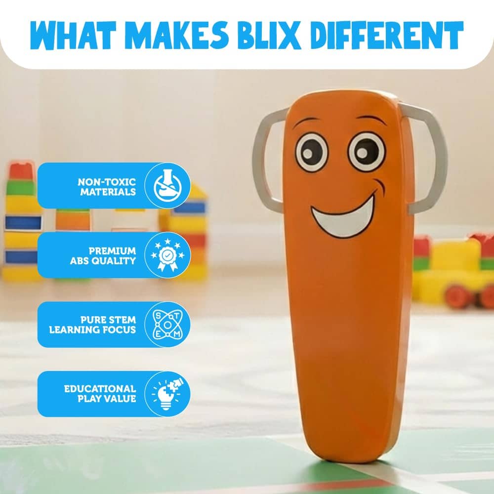 Orange STEM toy for kids featuring a smiling face and safe materials for educational play