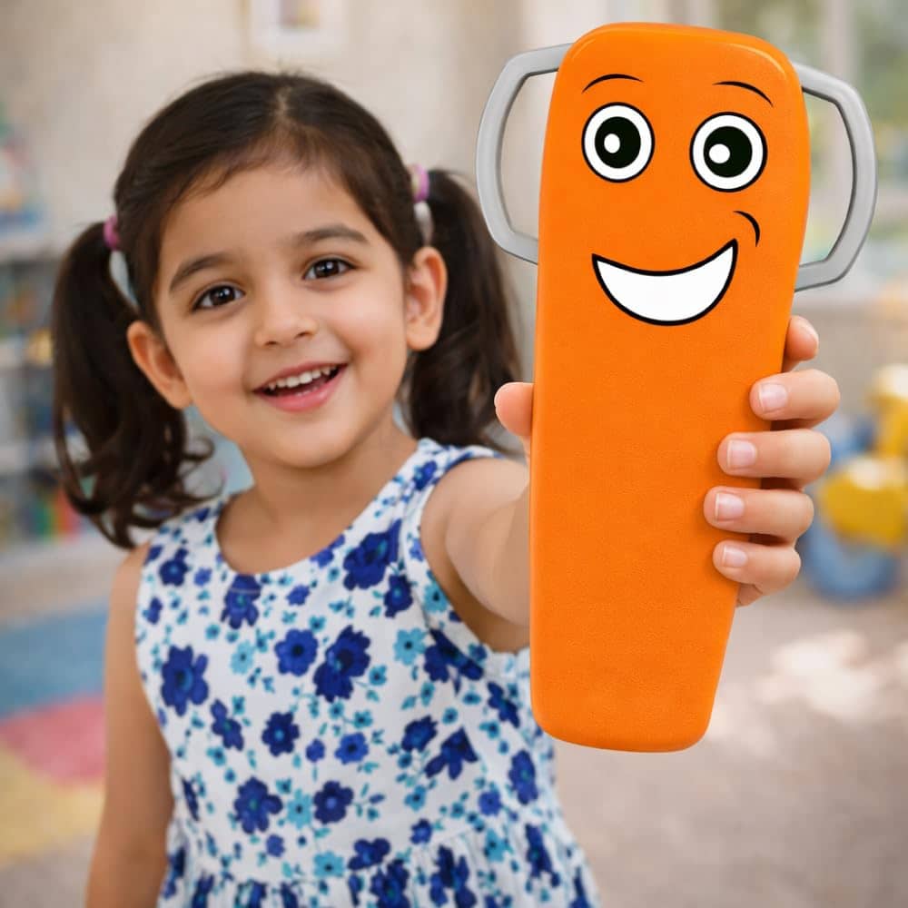 Orange STEM toy for 3-5 years with a smiling face, encouraging fun learning and creativity