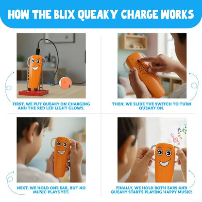 Orange Blix Queaky Charge Battery Toy with LED lights, suitable for ages 4-10, encourages play and learning.
