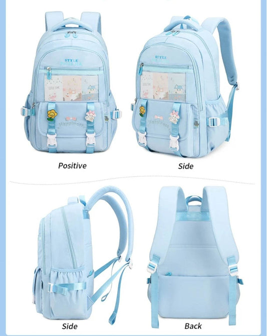 Light blue lightweight girls backpack for parties with multiple compartments and adjustable straps