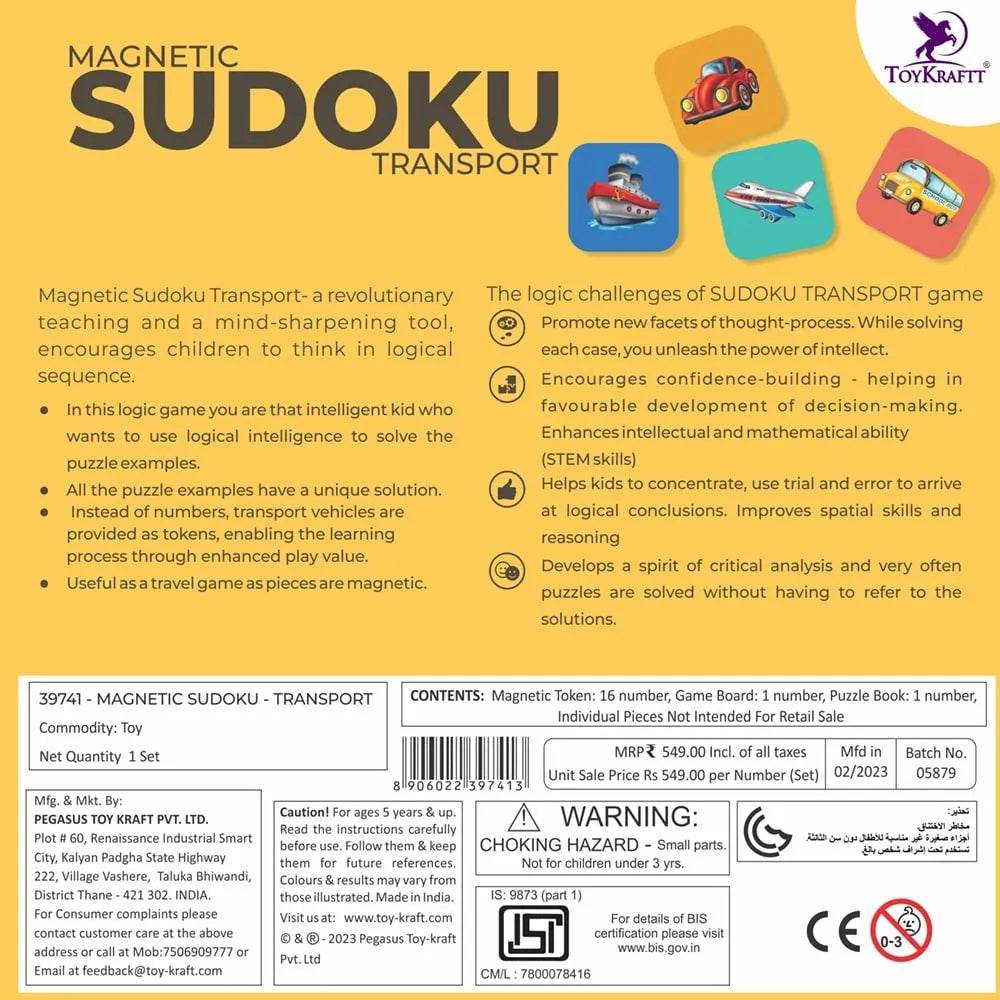 Sudoku Transport - Magnetic Puzzle Game for 5 Years & Above - T-Rex the toyland Sitamarhi