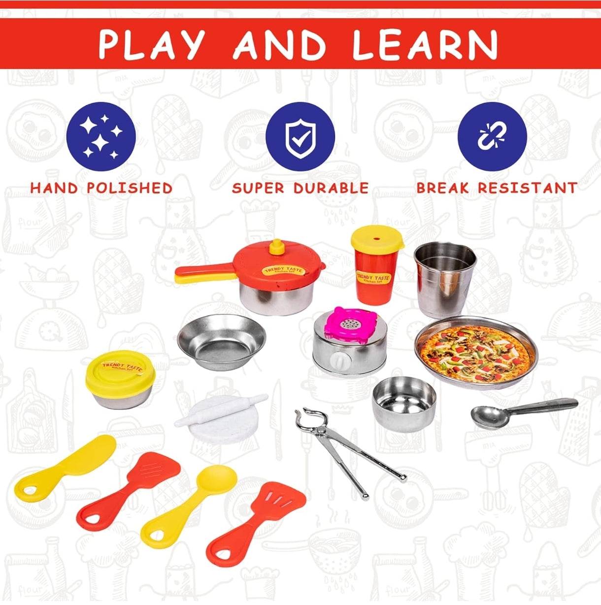 15 piece trendy kitchen playset by T-Rex the toyland Sitamarhi with colorful hand polished utensils
