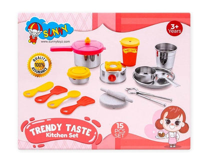 15 piece trendy kitchen playset with colorful toy utensils and cookware for kids aged 3 and up