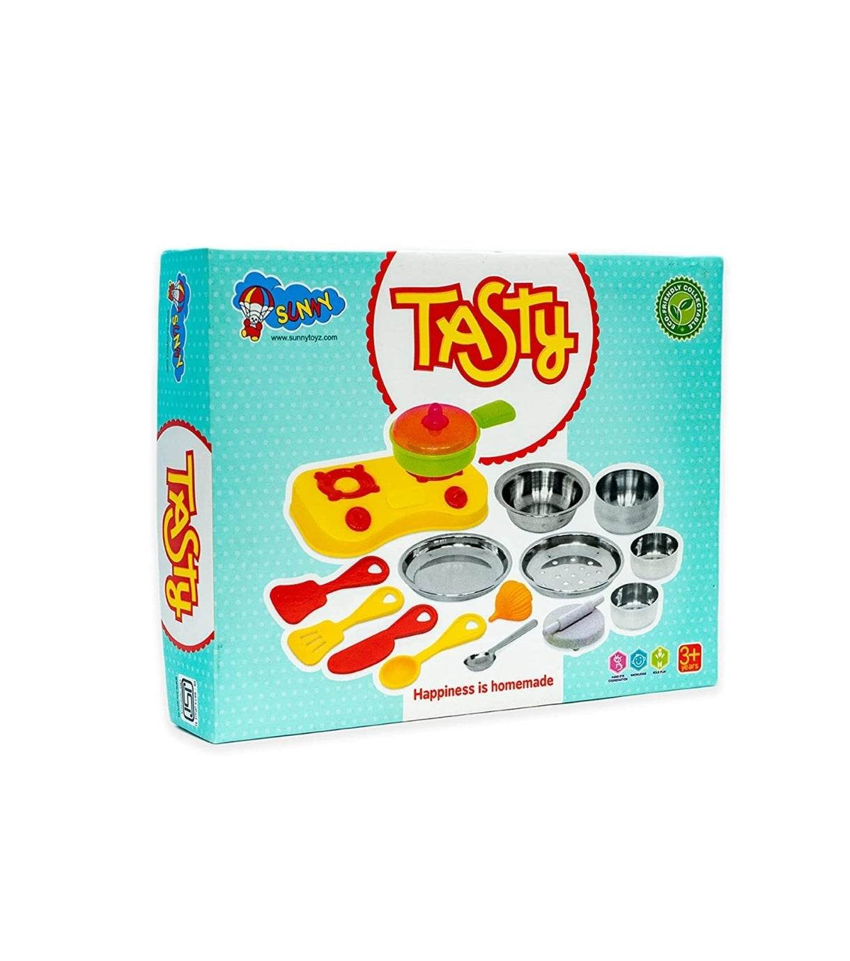 Tasty kids kitchen play set with colorful utensils and stainless steel bowls for imaginative cooking