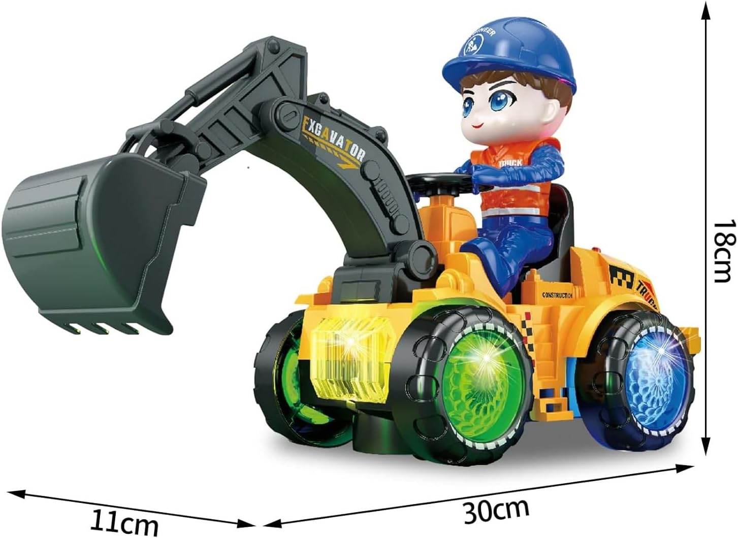 Super truck engineering toy with a construction worker figure and moving excavator arm in bright colors