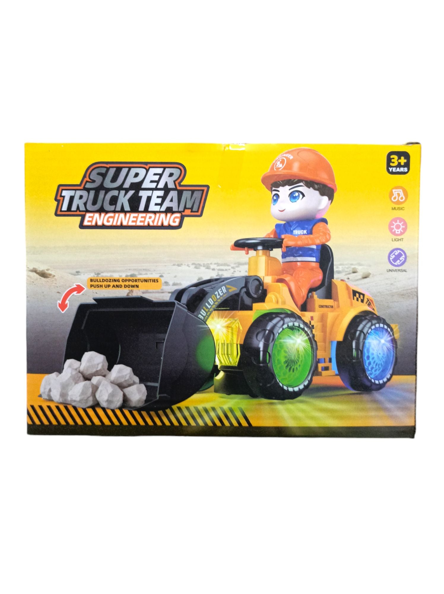 Super truck engineering toy construction loader with driver figure and light-up wheels for kids