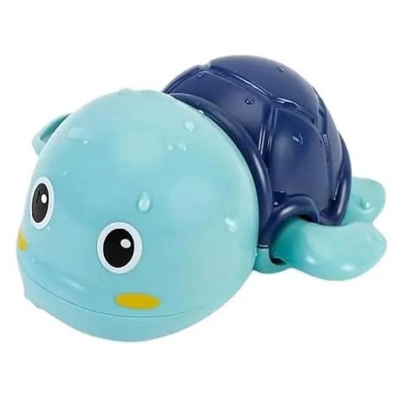 Blue and navy swimming turtle bath toy for toddlers with large eyes and a smiling face