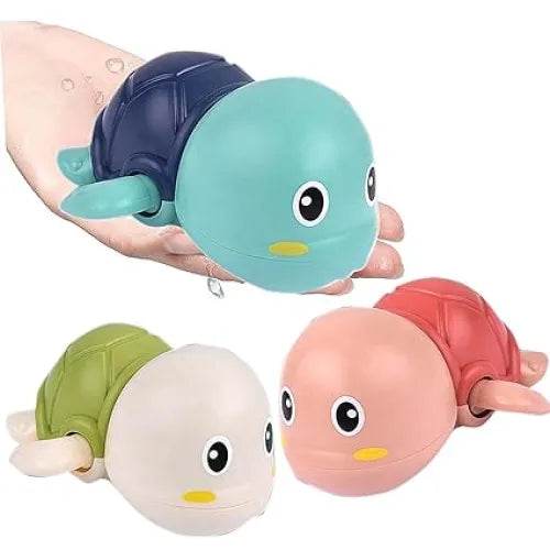 Colorful swimming turtle bath toy for toddlers in blue green white and red with cute facial expressions