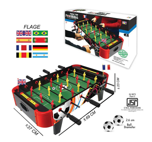 Tabletop foosball game for kids with red and yellow players and a green playing field