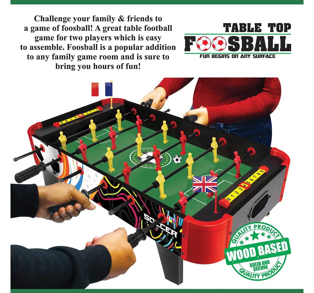 Tabletop foosball game for kids with red and yellow players and easy assembly for two players