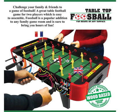 Tabletop foosball game for kids with red and yellow players and easy assembly for two players