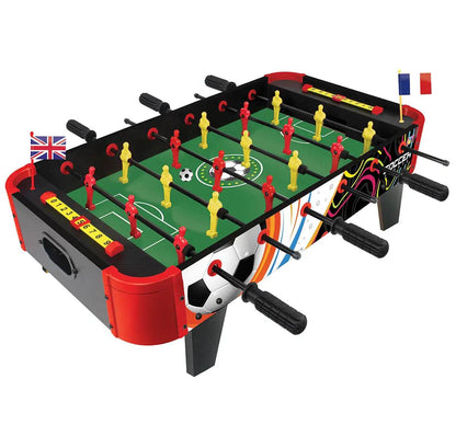 Tabletop foosball game for kids with red and yellow players, black handles, and miniature flags