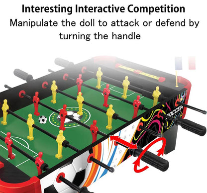 Tabletop foosball game for kids with red and yellow player dolls on green field and black handles