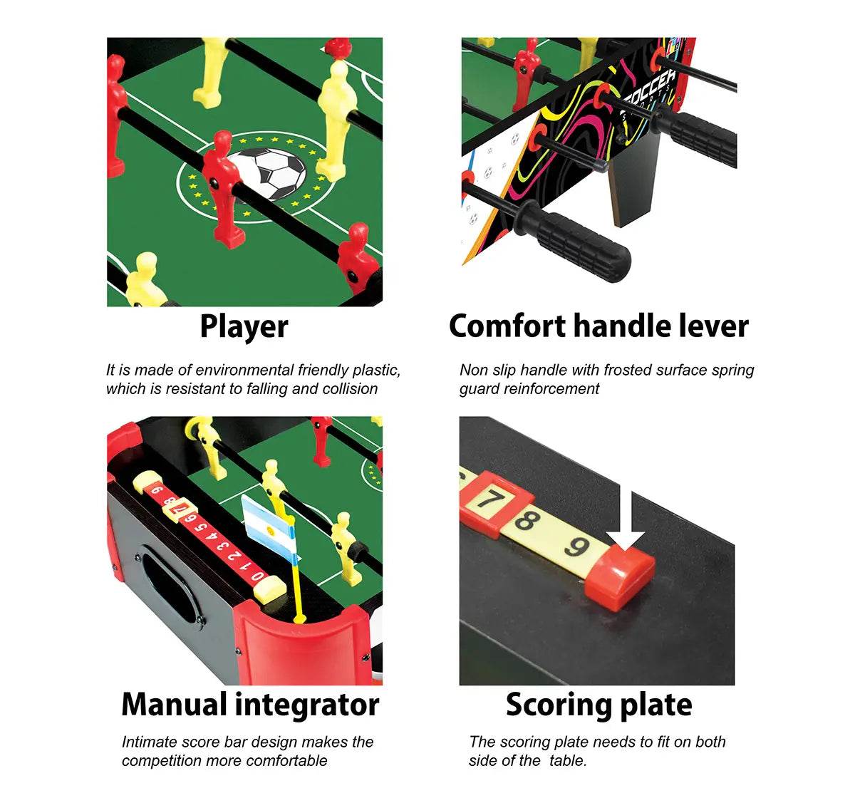 Tabletop foosball game for kids with colorful player figures, comfort handle lever, manual scoring, and durable plastic design