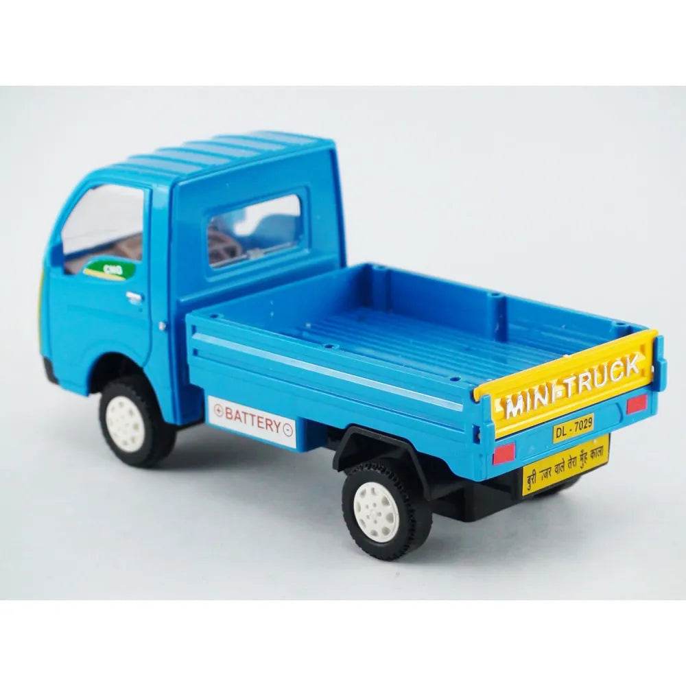Blue Tata Ace toy truck model with flatbed cargo area and white wheels
