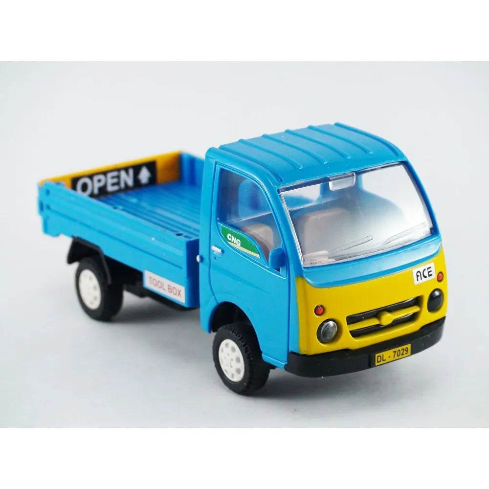 Blue and yellow Tata Ace toy truck with open cargo bed and detailed front grill