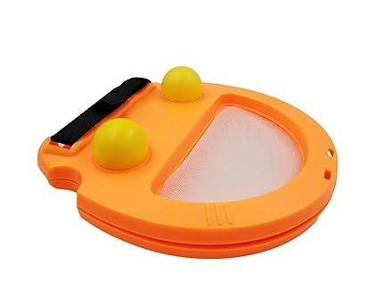 Orange catching game with net and two yellow throwing balls for outdoor fun