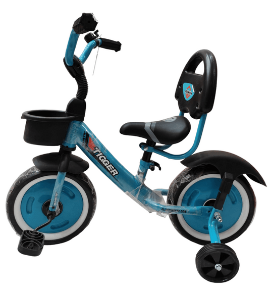 Blue tricycle for toddlers featuring a comfortable seat and sturdy design, perfect as a child's ride on toy