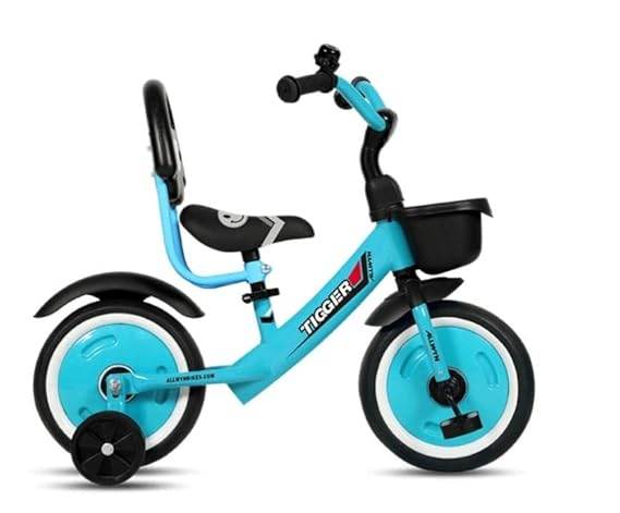 Blue T-Rex child's ride on toy tricycle with basket, ideal for toddlers aged 2-4 years