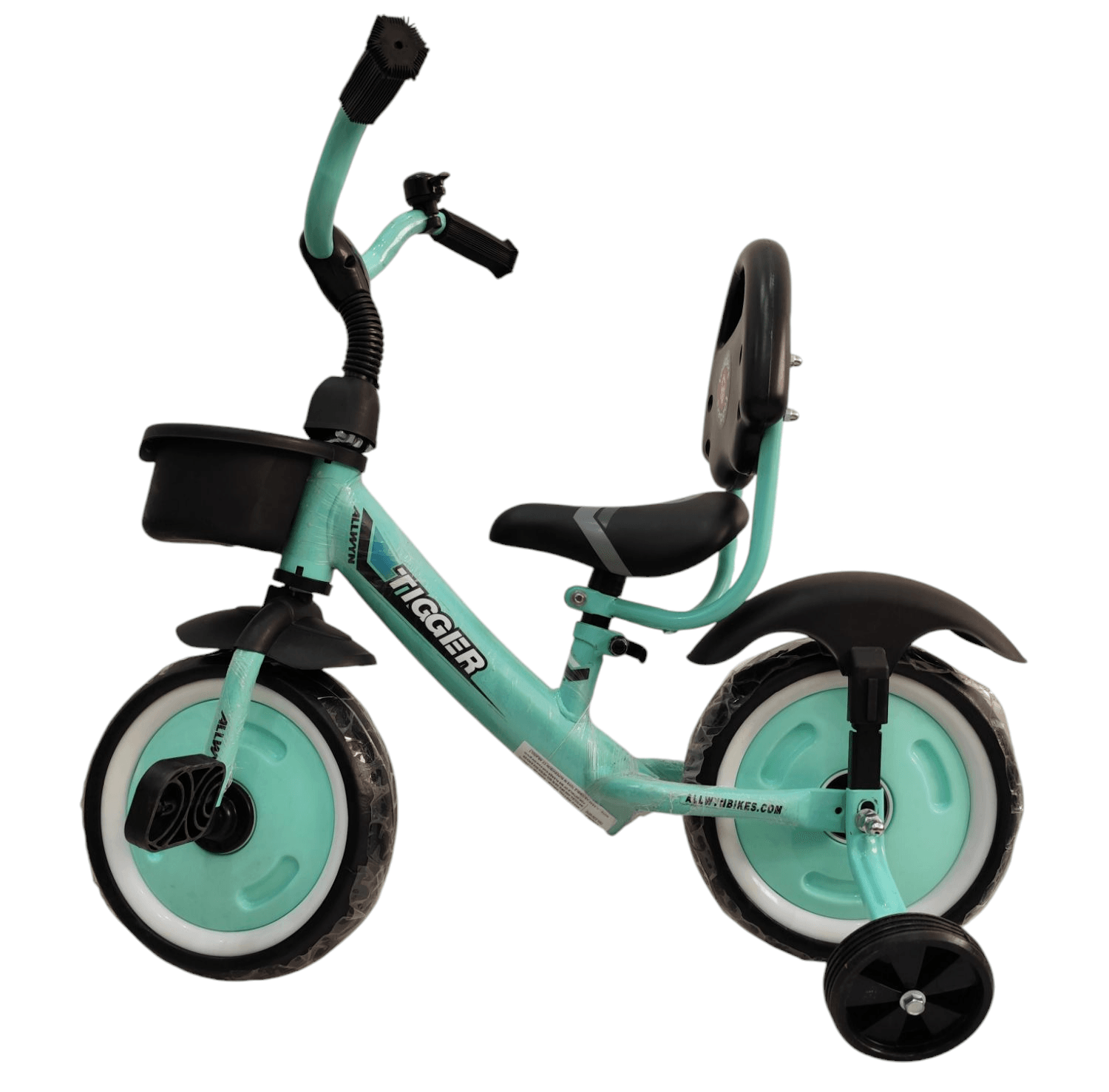 Mint green child's ride on toy tricycle for ages 2-5 with adjustable seat and large wheels
