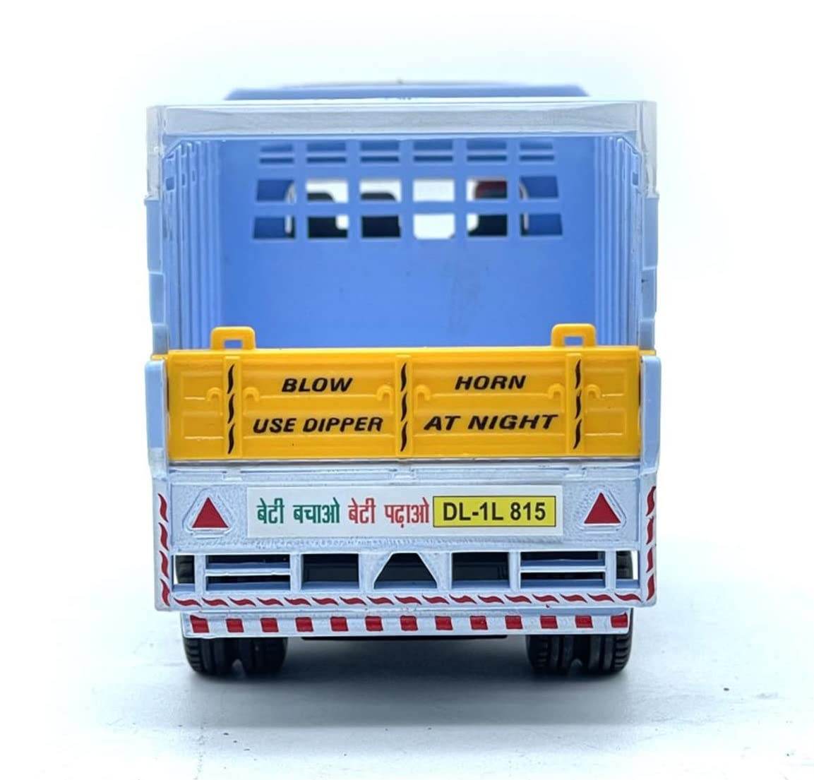 Rear view of blue plastic truck toy for kids with detailed stickers and yellow tailgate from T-Rex the toyland Sitamarhi
