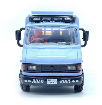 Blue plastic truck toy for kids with detailed front design and driver figure inside