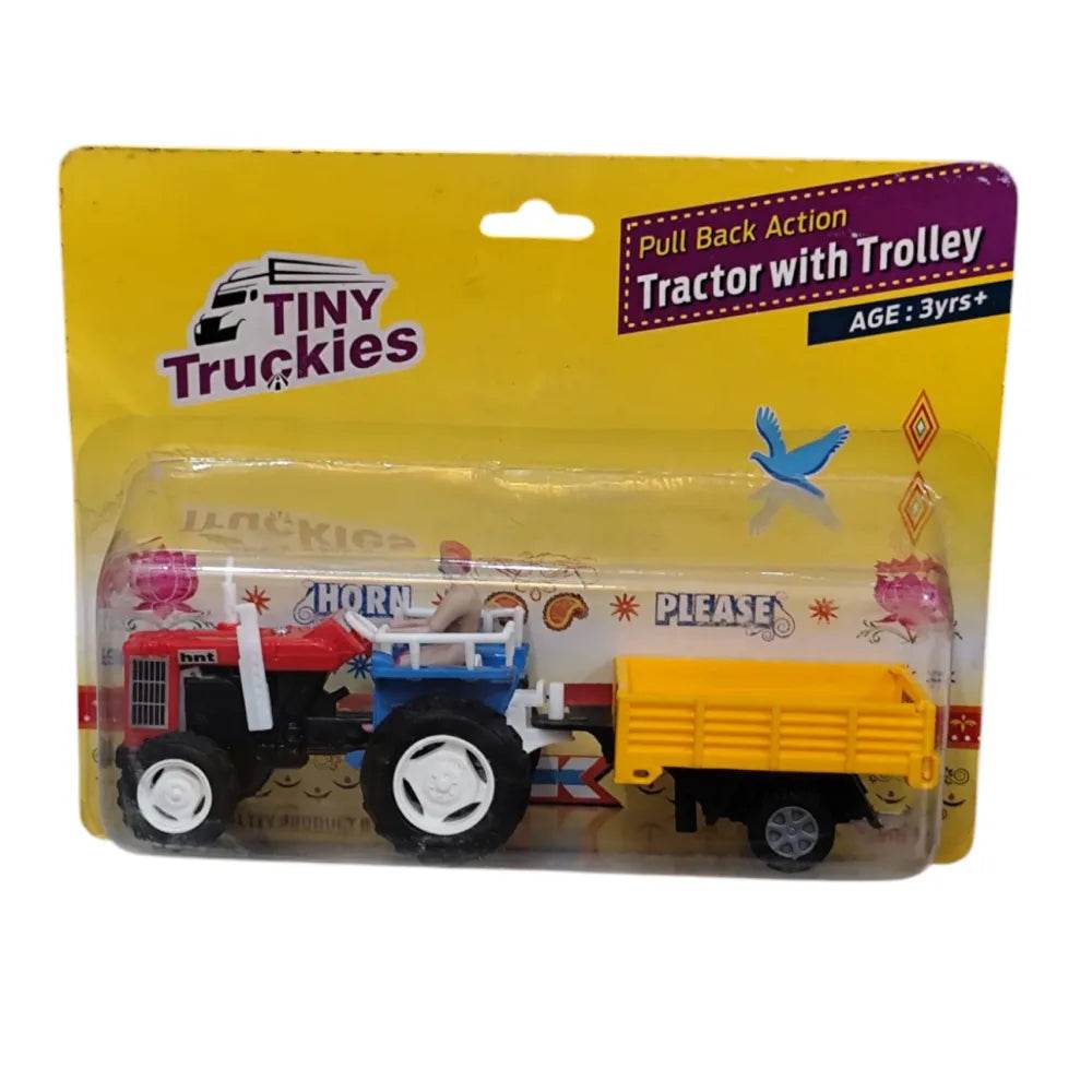 Pull back action tractor toy with trolley by Tiny Truckies in red and yellow for kids age 3 plus