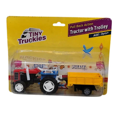 Pull back action tractor toy with trolley by Tiny Truckies in red and yellow for kids age 3 plus