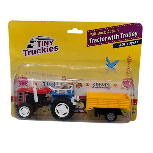 Pull back action tractor toy with trolley by Tiny Truckies in red and yellow for kids age 3 plus