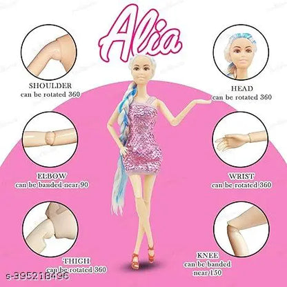 K.V. Toys Alia Doll Wearing Sparkly Dress and Braided Soft Hair, Pair of Heels | Moveable Body Parts | Perfect for Kids Aged 3 and Above (Any Color)7077 Alia