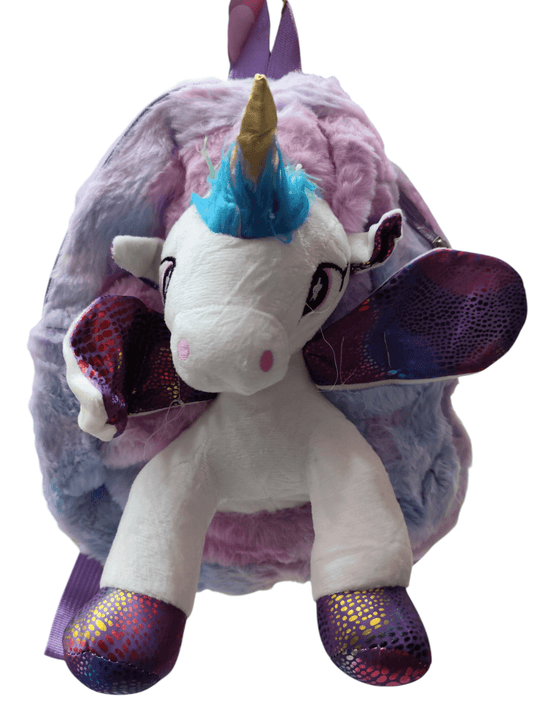 Colorful toddler unicorn backpack with plush unicorn design and purple wings for kids