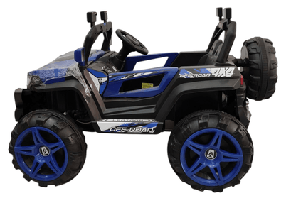 Blue battery operated off-road vehicle for kids ages 3-5 with large tires and steering