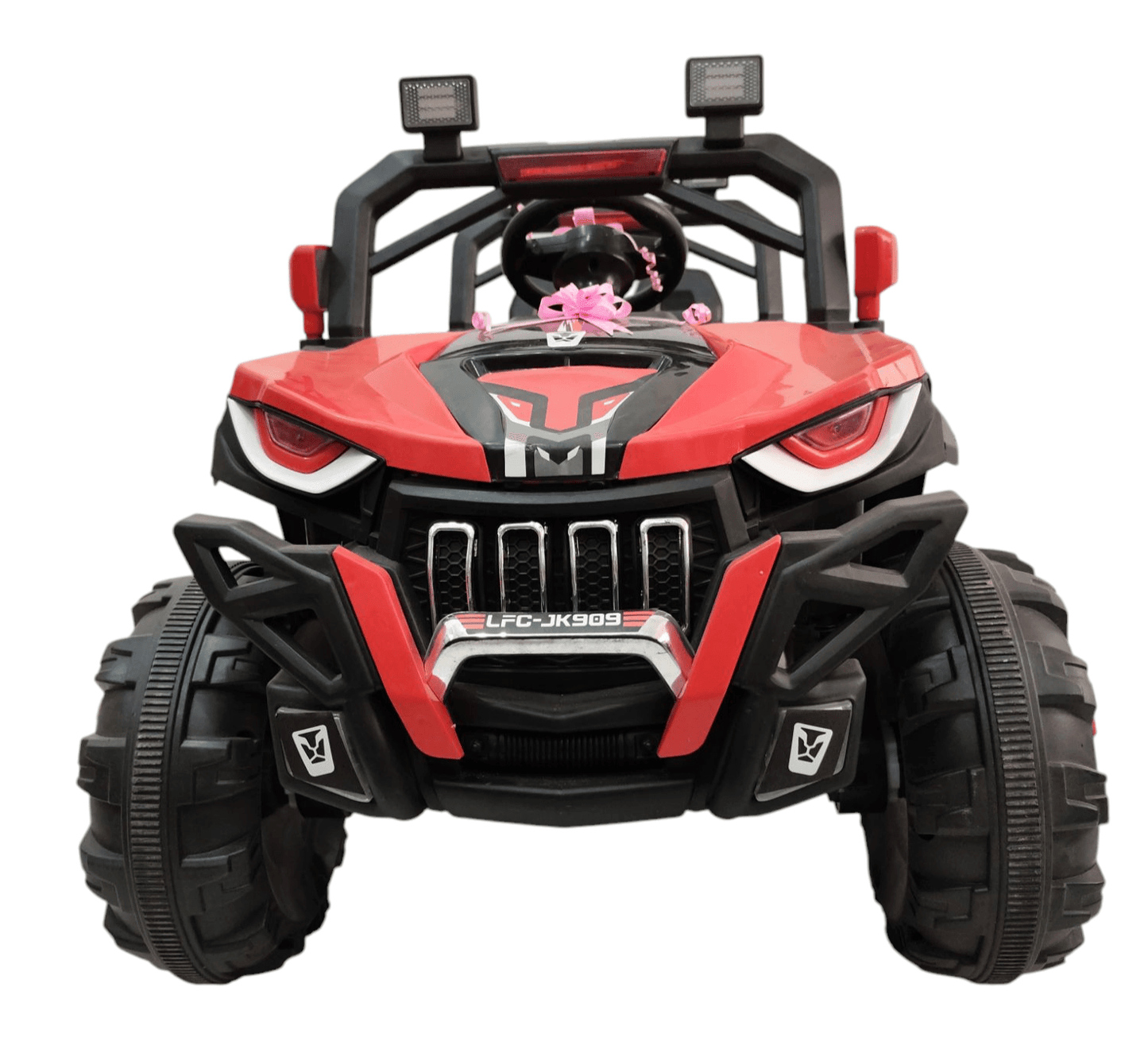Red battery operated ride-on car for kids with chunky tires and headlights, perfect for ages 3-7 years