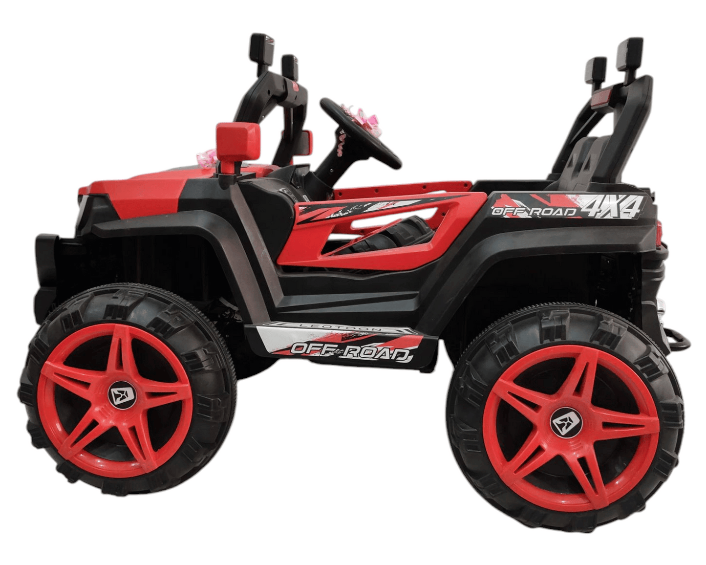 Red battery operated off-road ride-on car for kids ages 3-7 years with large tires