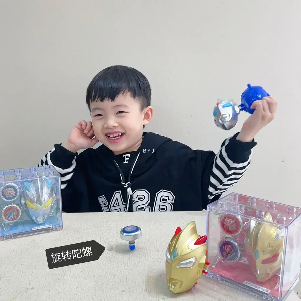 Colorful spinning tops featuring superhero designs for kids, showcasing fun playtime action
