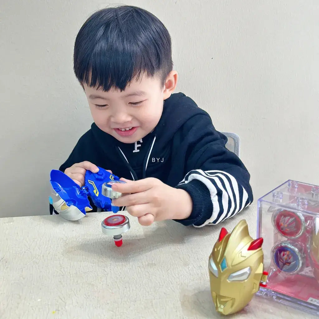Colorful spinning top toy for kids featuring action figures, promoting playtime and fun