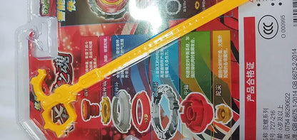 Yellow spinning top toy for kids aged 5 years and up, featuring a launcher and multiple spinning components