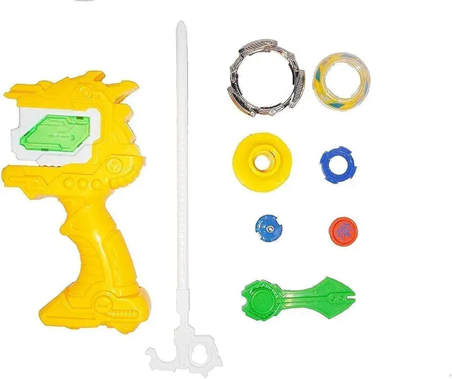 Yellow top spinner toy set with launcher and multi-colored spinning tops for ages 6 and up