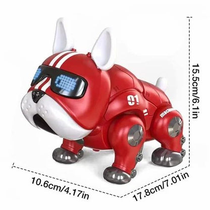 Red toy bulldog robot with blue LED eyes, suitable for children aged 3-8 years